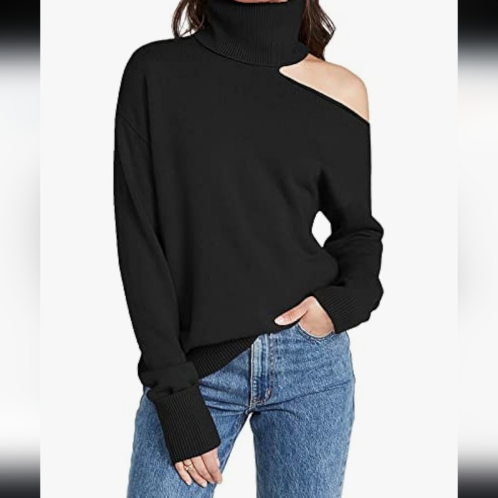 Black Turtleneck Off Shoulder Loose Knitted Sweater- Size S NWOT